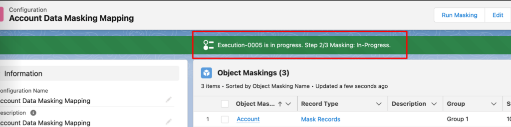 Dashboard screenshot showing the status of a Salesforce data masking execution, labeled 'Execution-0005 is in progress, Step 2/3 Masking: In-Progress