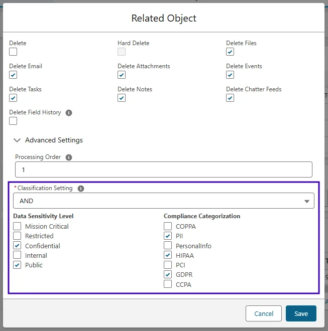Screenshot of the Related Object settings page showing classification settings using the AND condition. Data Sensitivity Levels and Compliance Categorization values are selected for configuring retention and RTBF rules.