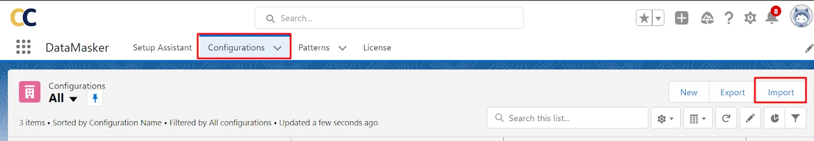 User interface of Data Masker application with Import option highlighted