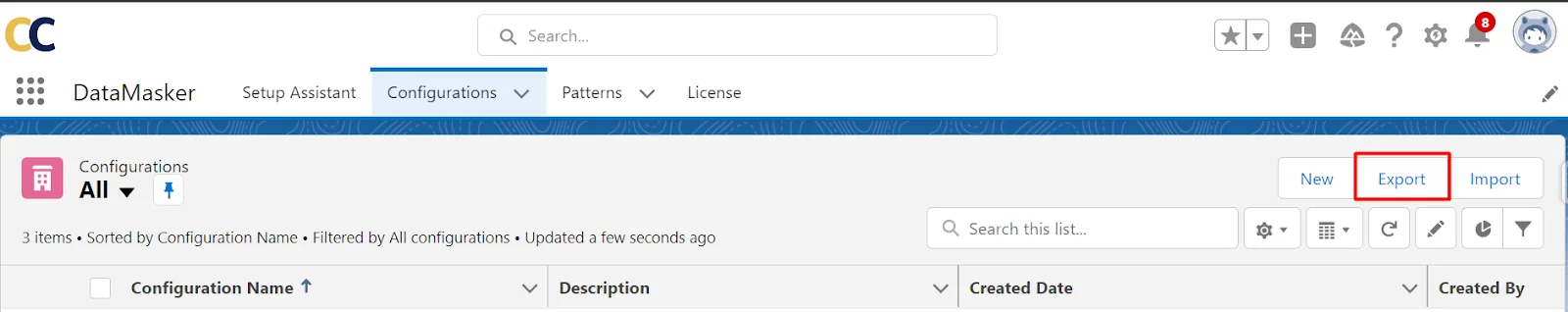Export button in Data Retentions list view