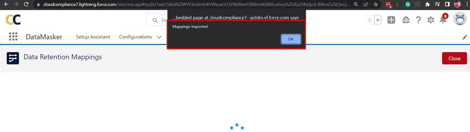 Success message for Data Masking Configurations import in Data Masker.