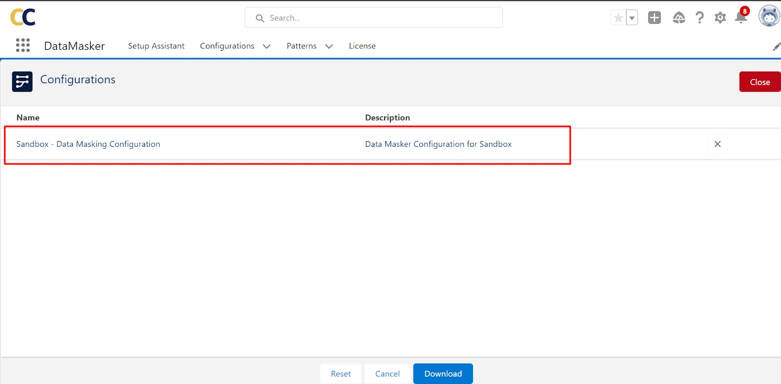 DataMasker screen showing the 'Sandbox - Data Masking Configuration' ready for download