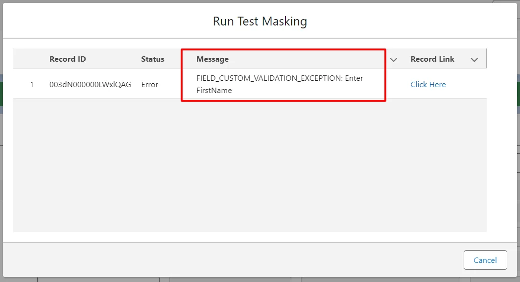 Screenshot showing an error message during test masking due to missing required fields