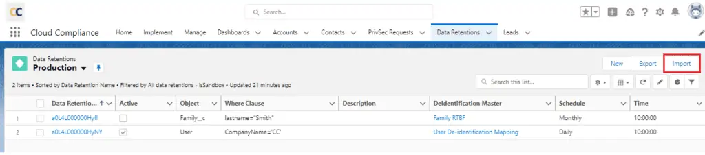 Data Retentions tab in destination org
