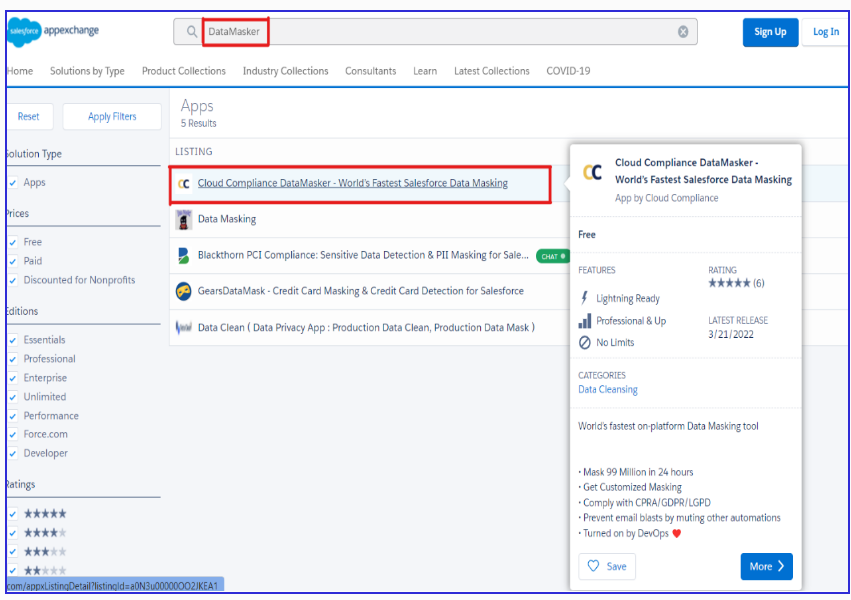In this screenshot you will see how you can install DataMasker from the Salesforce Appexchange to protect the sensitive data in Salesforce Sandbox