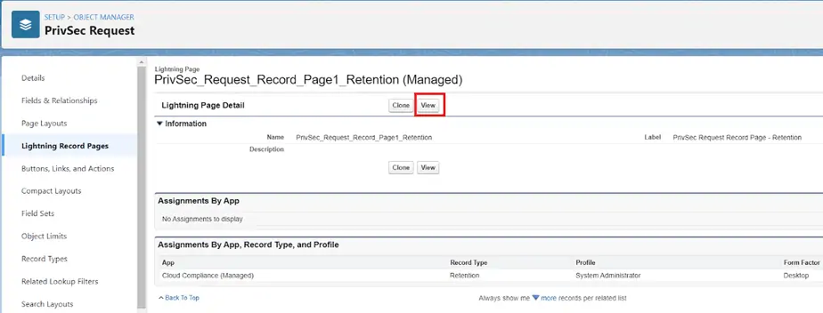 View button for PrivSec Request Record Page