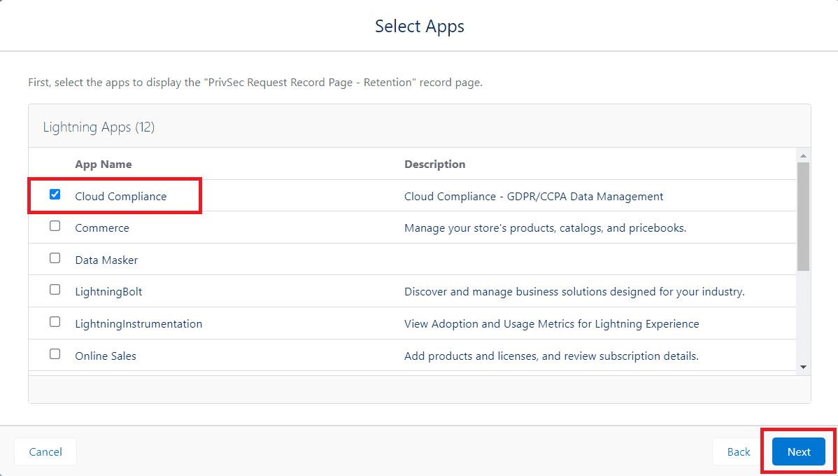 Select Cloud Compliance application for Lightning Record Page assignment