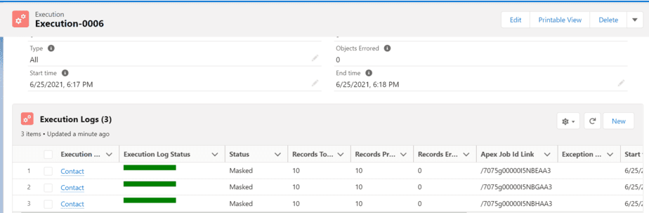 Screen showing 'Execution-0006' in Salesforce with a complete log for three masked Contact records, indicating a successful data masking operation.