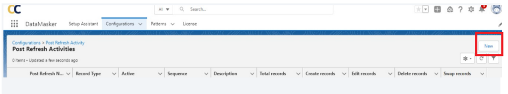 'New' button highlighted in the Post Refresh Activities section of DataMasker in Salesforce.