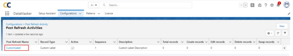 CustomLabel' post-refresh activity listed in DataMasker's dashboard, marked as active and ready for execution.