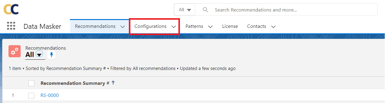 DataMasker's interface showcasing the 'Configurations' dropdown menu, indicating the selection step before executing APEX API data masking.