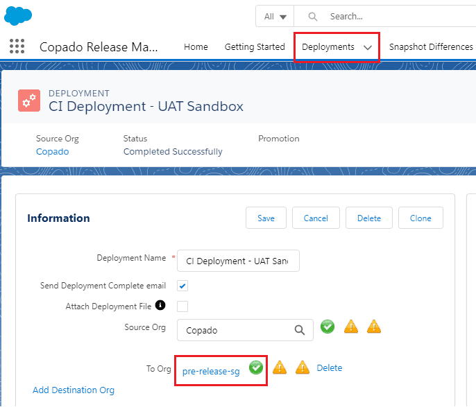Screenshot of the Copado Release Manager showing a successful CI deployment status for a UAT Sandbox environment.