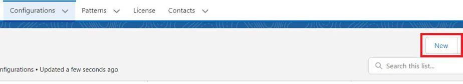 Configuration dropdown menu in Salesforce with 'New' button highlighted for DataMasker settings.