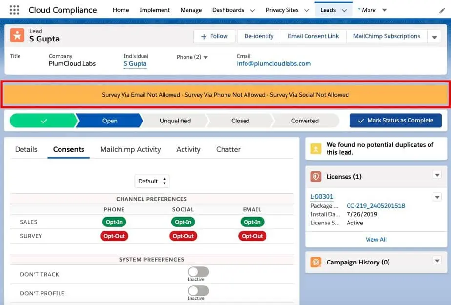 Salesforce CRM record showing a lead's consent statuses for surveys via different communication channels.