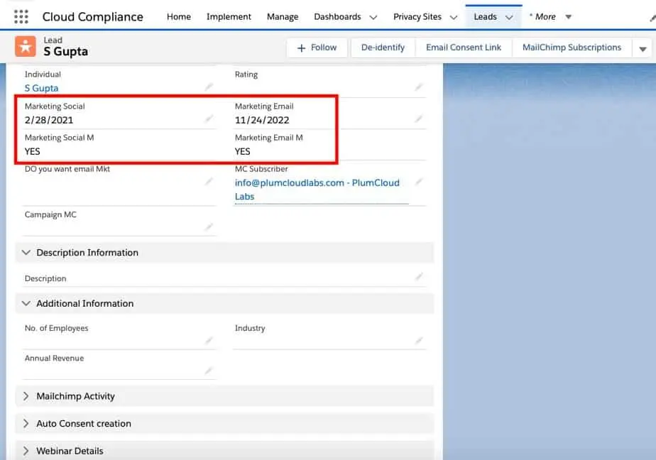 Screenshot of a CRM software page displaying lead contact information and marketing consent details.