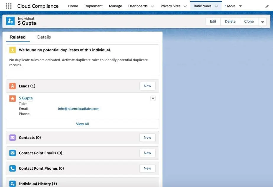 A Salesforce CRM interface showing an individual's record,
