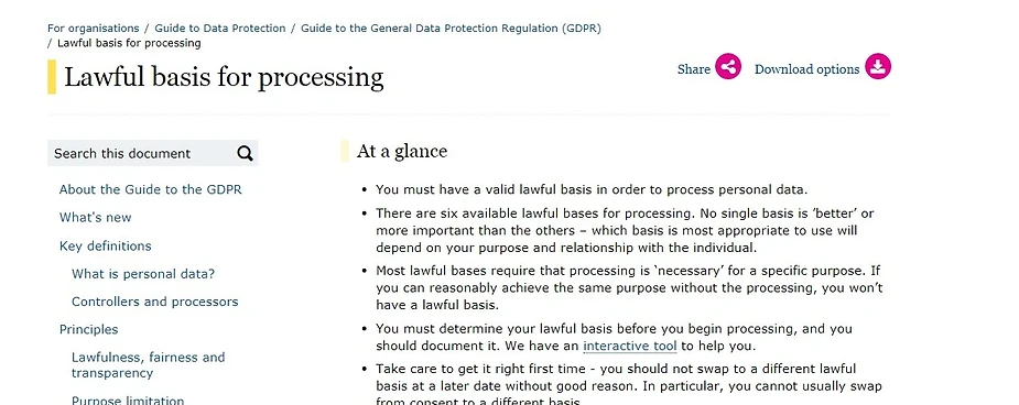 Webpage section explaining the lawful basis for data processing under GDPR.