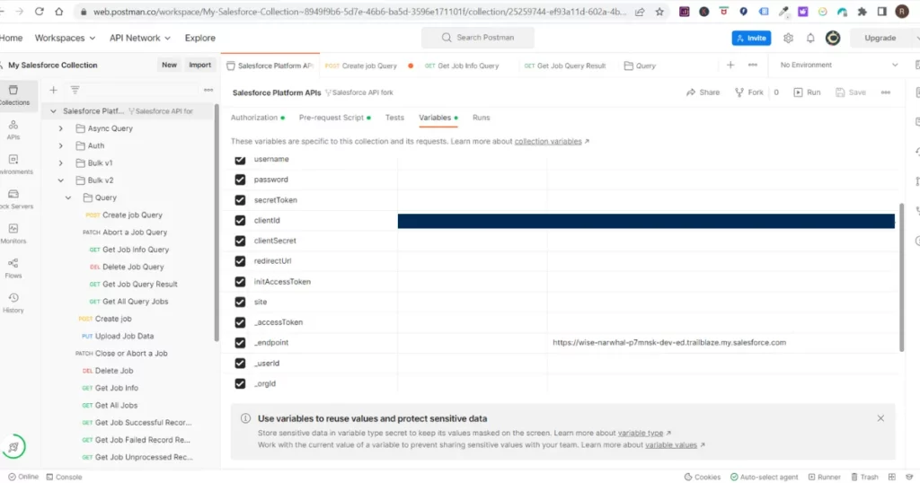 Configuration of Salesforce API request variables in Postman