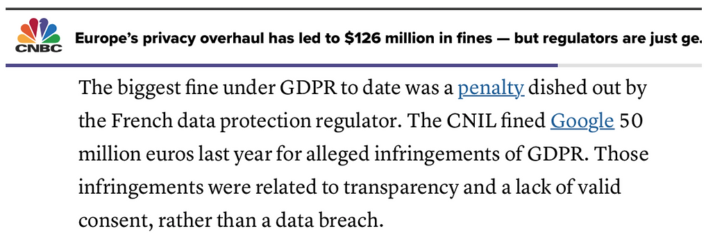 CNBC article snippet mentioning GDPR fine on Google by CNI